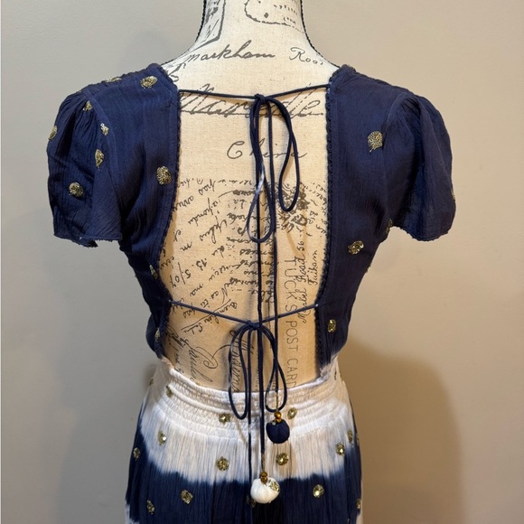 GOA‎ Paris Blue & White Asymmetric Hem V Neck Midi Dress Floaty Fairycore Sz M - Picture 5 of 14